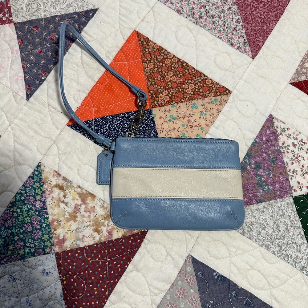 Vintage Coach blue and white leather wristlet